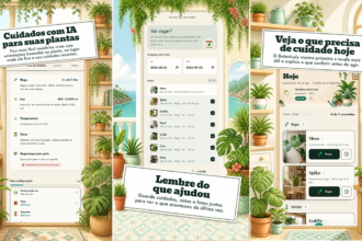 Banner triplo de aplicativo de cuidados com plantas com IA: telas com dicas, lembretes e plantas em vasos ao redor da tela.