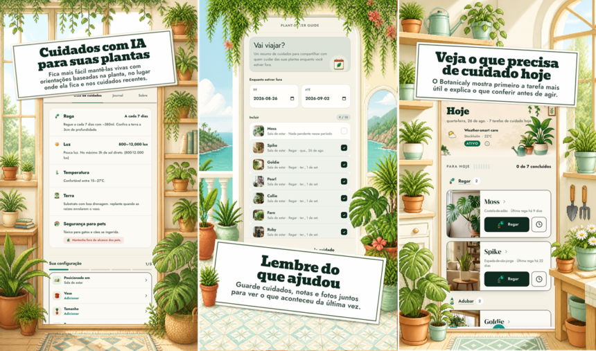Banner triplo de aplicativo de cuidados com plantas com IA: telas com dicas, lembretes e plantas em vasos ao redor da tela.