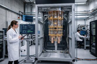 Researcher in a white lab coat uses a tablet beside a glass-enclosed IBM Quantum Kitsune 127-qubit cryogenic system in a high-tech lab