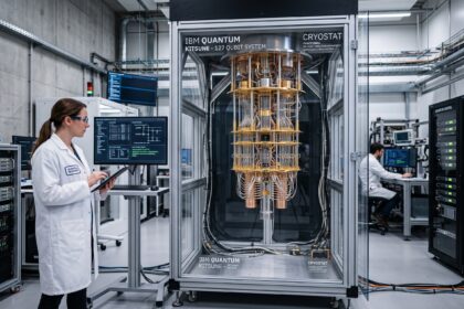 Researcher in a white lab coat uses a tablet beside a glass-enclosed IBM Quantum Kitsune 127-qubit cryogenic system in a high-tech lab