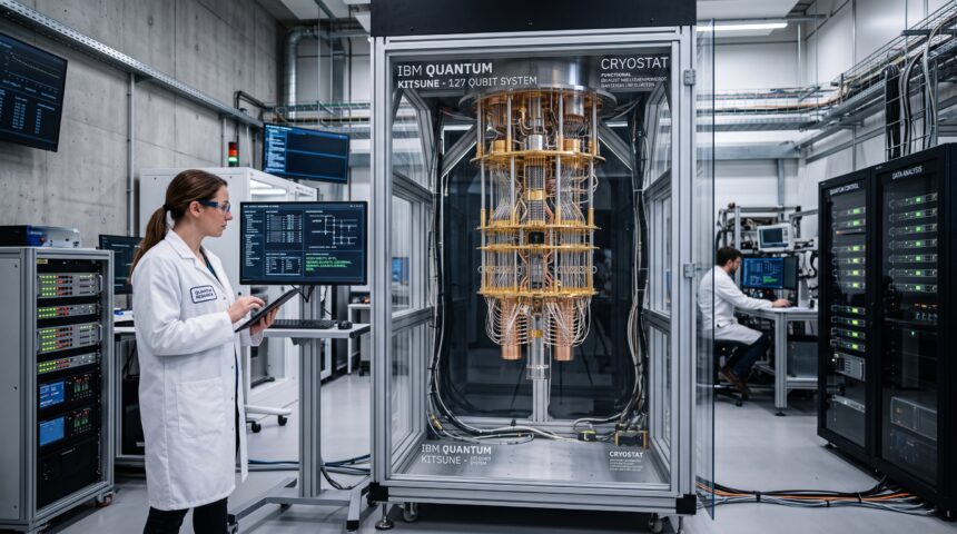 Researcher in a white lab coat uses a tablet beside a glass-enclosed IBM Quantum Kitsune 127-qubit cryogenic system in a high-tech lab