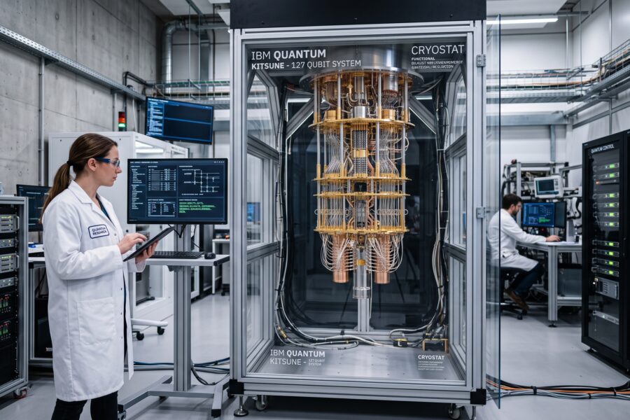 Researcher in a white lab coat uses a tablet beside a glass-enclosed IBM Quantum Kitsune 127-qubit cryogenic system in a high-tech lab