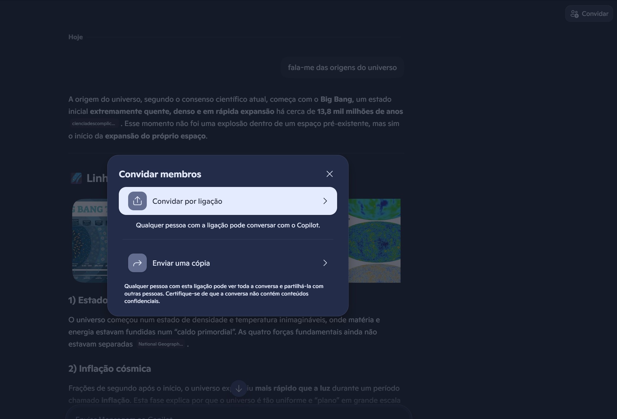 Modal de convite: título 'Convidar membros' com opções 'Convidar por ligação' e 'Enviar uma cópia', sobrepondo a tela de conteúdo da página.