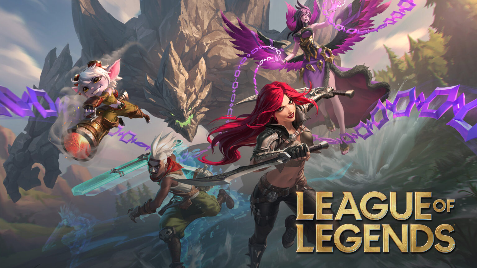 Group of League of Legends champions charging through a rocky canyon, with glowing purple chains and a dragon head looming in the background.