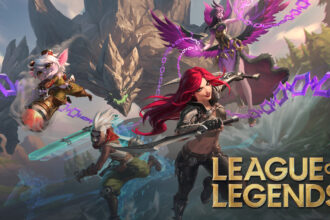 Group of League of Legends champions charging through a rocky canyon, with glowing purple chains and a dragon head looming in the background.