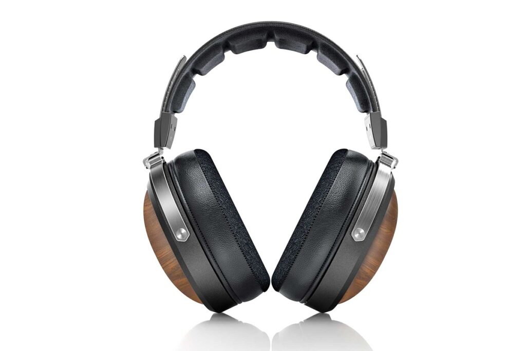 Over-ear headphones with black leather cushions and wooden ear cups, silver metal frame
