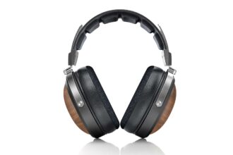 Over-ear headphones with black leather cushions and wooden ear cups, silver metal frame