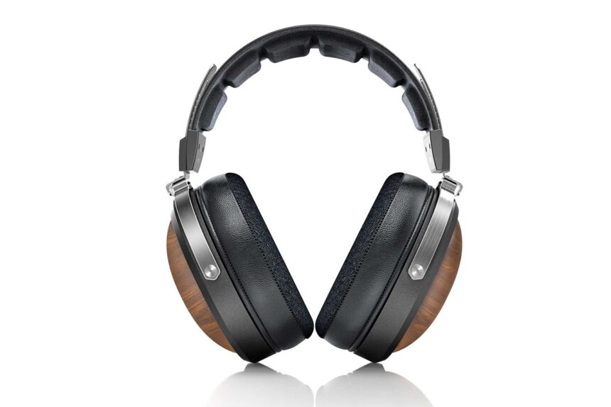 Over-ear headphones with black leather cushions and wooden ear cups, silver metal frame
