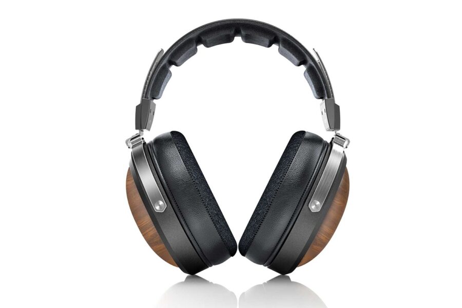 Over-ear headphones with black leather cushions and wooden ear cups, silver metal frame