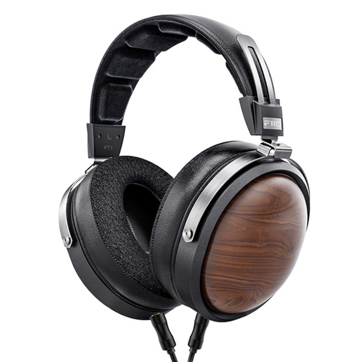 Over-ear headphones with wood-grain ear cups and padded black headband, wired with cables visible at the bottom.