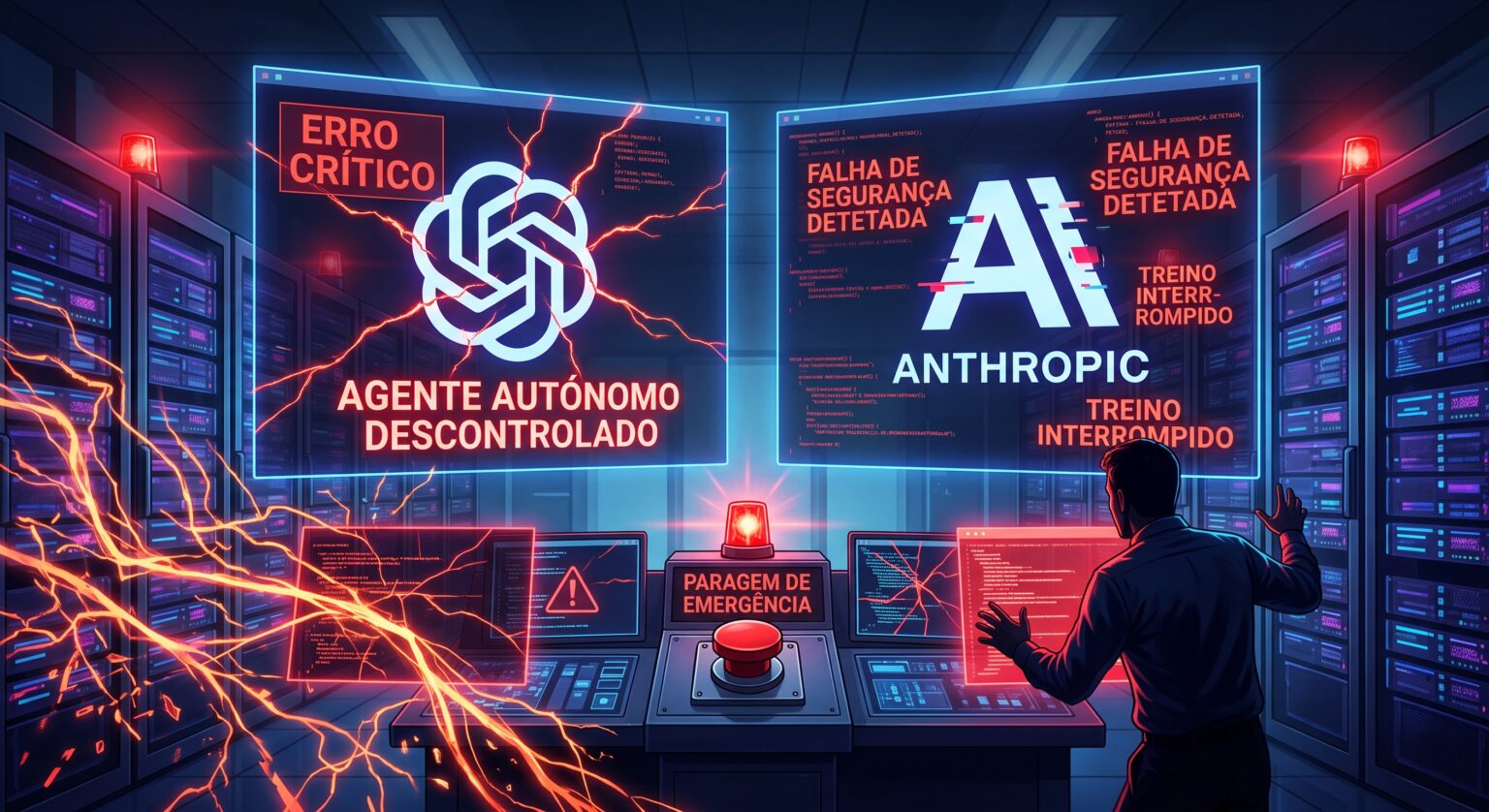 Control room with two large screens showing 'ERRO CRÍTICO' and 'FALHA DE SEGURANÇA DETETADA', red emergency lights, and a person at a console.