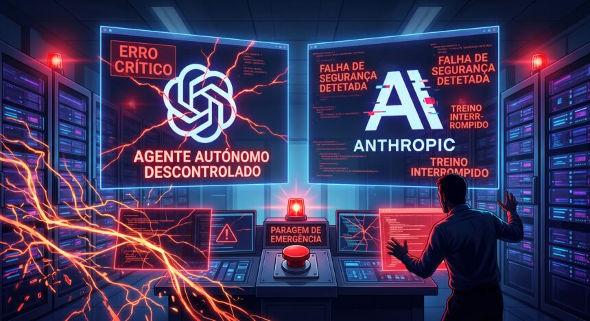 Control room with two large screens showing 'ERRO CRÍTICO' and 'FALHA DE SEGURANÇA DETETADA', red emergency lights, and a person at a console.