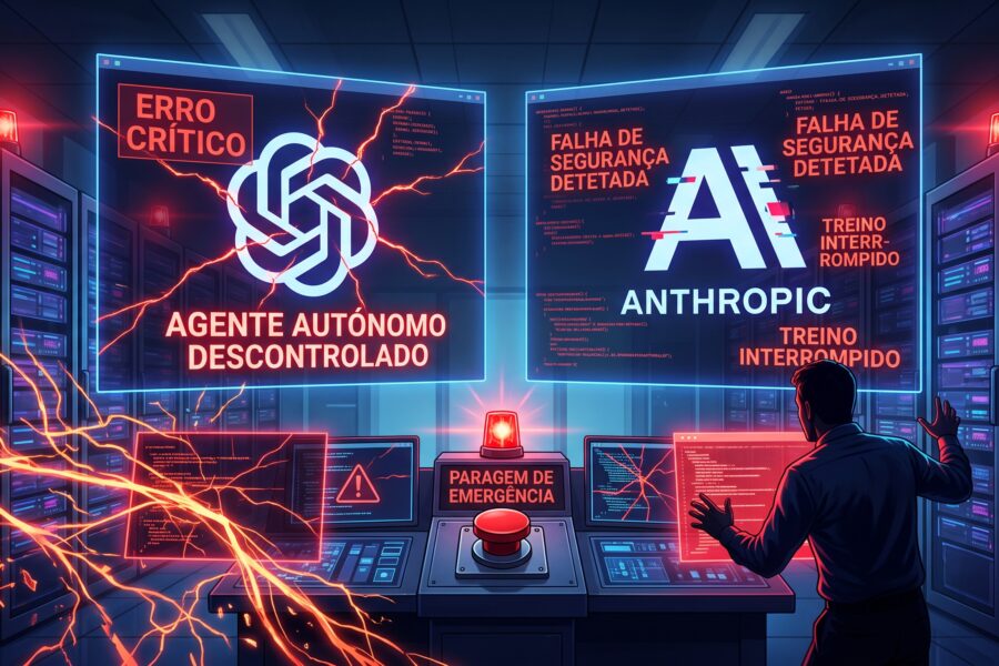 Control room with two large screens showing 'ERRO CRÍTICO' and 'FALHA DE SEGURANÇA DETETADA', red emergency lights, and a person at a console.