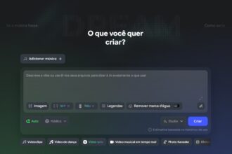 Tela de criação criativa com título central 'O que você quer criar?', área para descrever a vibe e opções de mídia, incluindo 'Imagem', 'Legendas' e botão 'Criar'