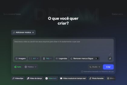 Tela de criação criativa com título central 'O que você quer criar?', área para descrever a vibe e opções de mídia, incluindo 'Imagem', 'Legendas' e botão 'Criar'