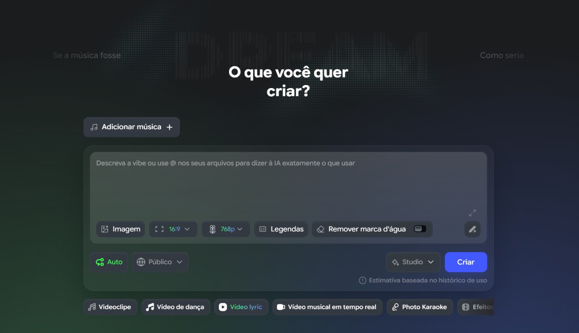 Tela de criação criativa com título central 'O que você quer criar?', área para descrever a vibe e opções de mídia, incluindo 'Imagem', 'Legendas' e botão 'Criar'