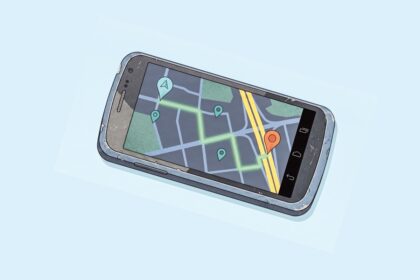 Smartphone displaying a colorful map with a highlighted driving route and several location pins on a light blue background.