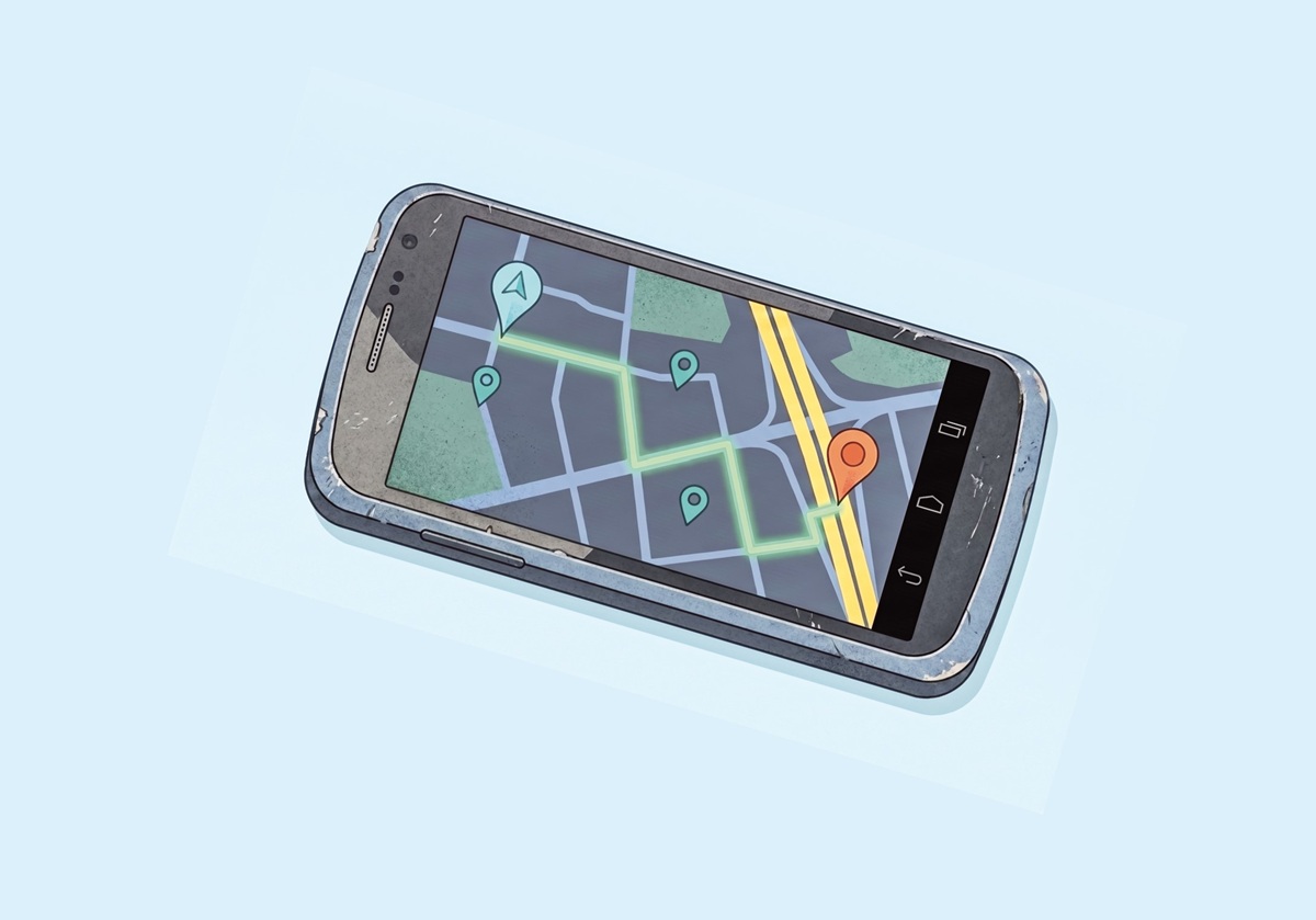 Smartphone displaying a colorful map with a highlighted driving route and several location pins on a light blue background.