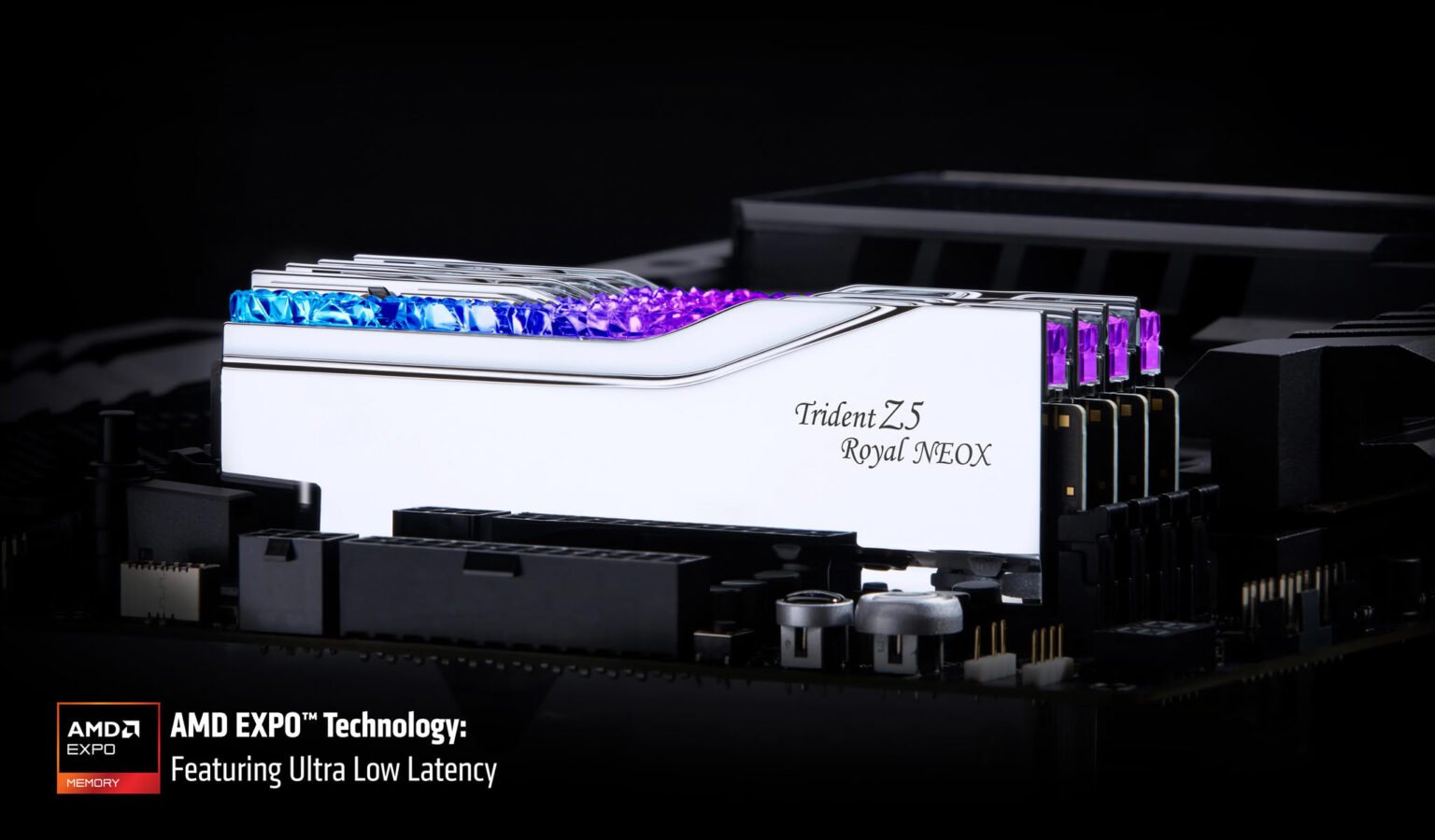 Close-up of Trident Z5 Royal NEOX RAM modules with blue and purple RGB lighting on a motherboard.