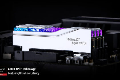 Close-up of Trident Z5 Royal NEOX RAM modules with blue and purple RGB lighting on a motherboard.