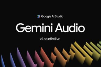Google AI Studio Gemini Audio promo with bold 'Gemini Audio' text on black background and colorful diagonal shapes at the bottom.