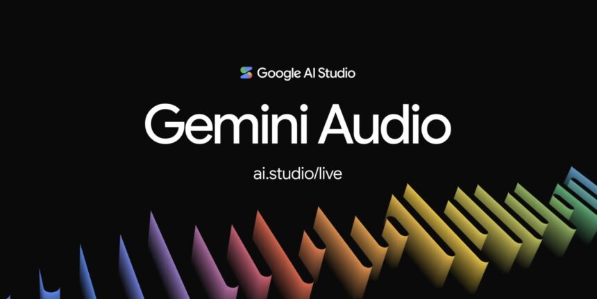 Google AI Studio Gemini Audio promo with bold 'Gemini Audio' text on black background and colorful diagonal shapes at the bottom.