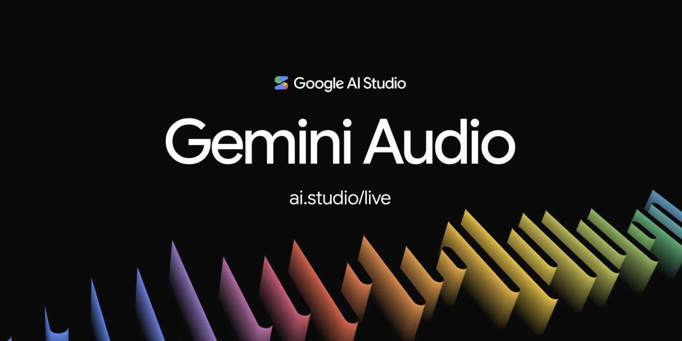 Google AI Studio Gemini Audio promo with bold 'Gemini Audio' text on black background and colorful diagonal shapes at the bottom.