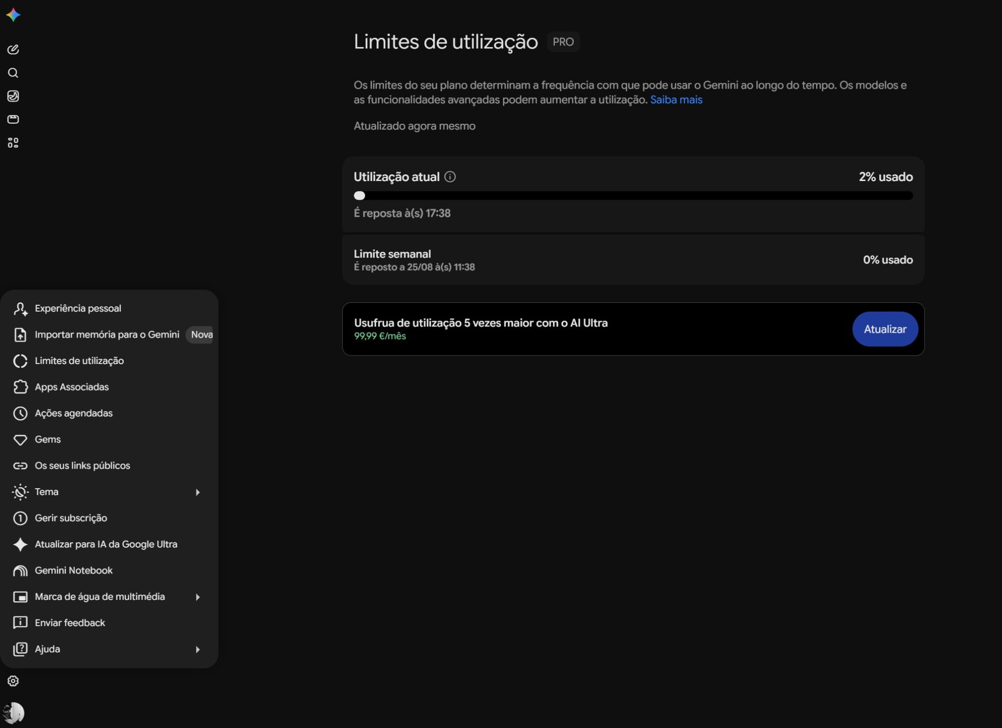 Página de limites de utilização em tema escuro mostrando uso atual (2% usado) e limite semanal, com menu lateral à esquerda e seção de atualização de planilha no topo.
