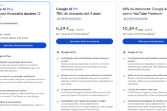 Três cartões de preço comparando Google AI Plus (recomendado), Google AI Pro e Google AI Pro com YouTube Premium; preços mensais e botões azuis de ação aparecem em destaque, listas de recursos abaixo de cada plano.
