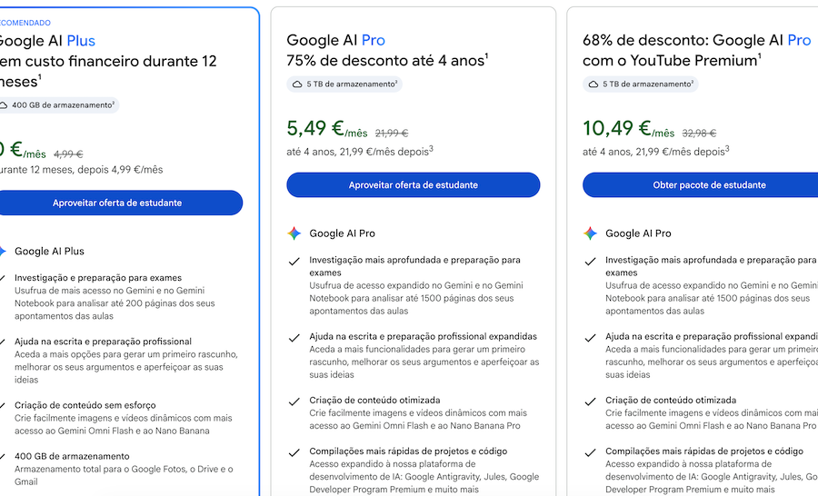 Três cartões de preço comparando Google AI Plus (recomendado), Google AI Pro e Google AI Pro com YouTube Premium; preços mensais e botões azuis de ação aparecem em destaque, listas de recursos abaixo de cada plano.