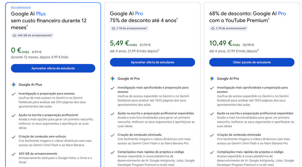 Três cartões de preço comparando Google AI Plus (recomendado), Google AI Pro e Google AI Pro com YouTube Premium; preços mensais e botões azuis de ação aparecem em destaque, listas de recursos abaixo de cada plano.