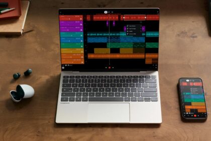 Laptop shows a colorful digital audio workstation with a track timeline on a wooden desk, with a smartphone displaying the same app nearby.