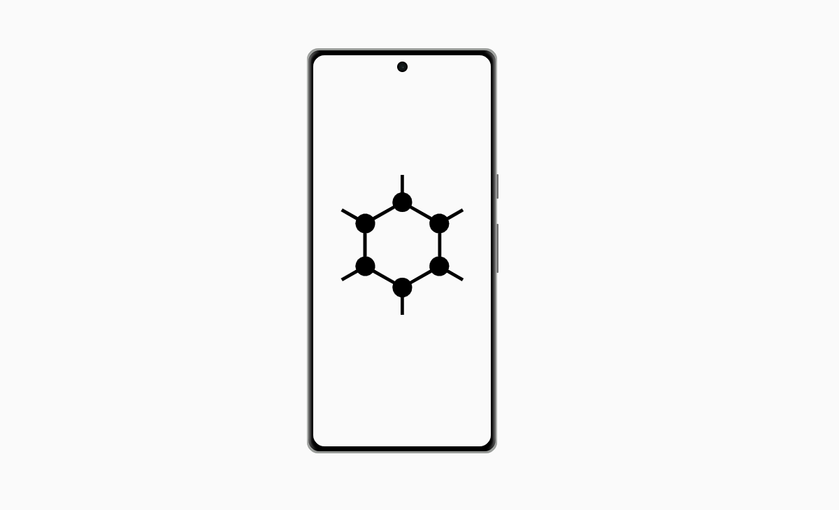 Smartphone mockup with a centered diagram of a hexagonal chemical ring (benzene) and attached substituents at each vertex