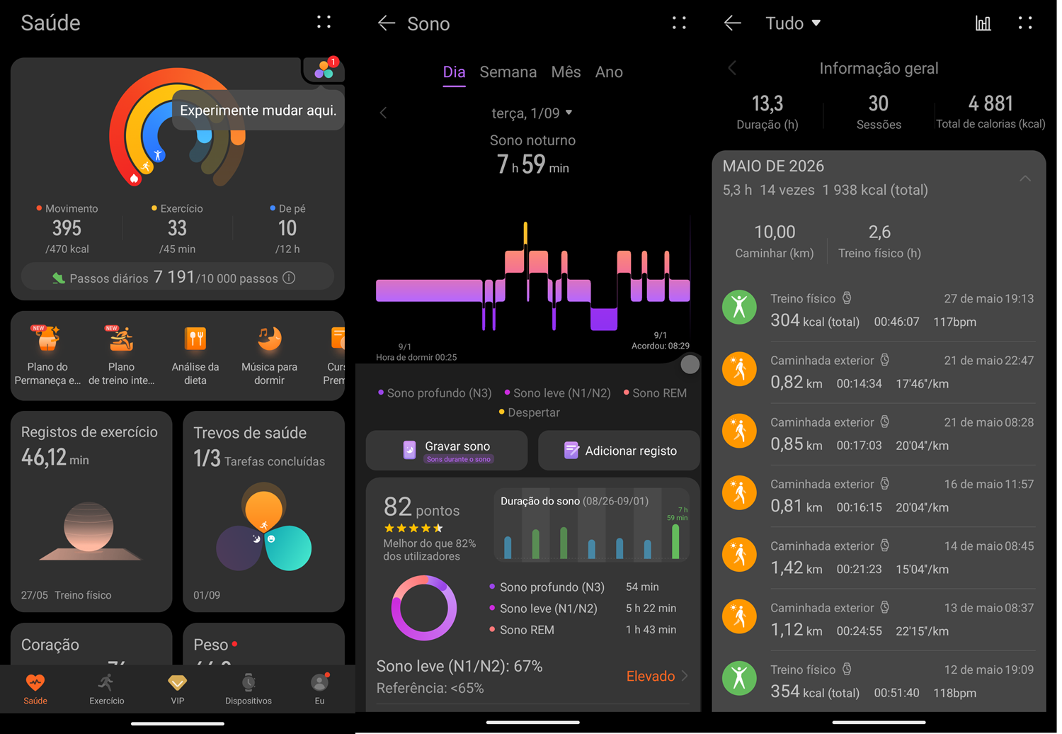 Huawei Health | PCGuia Triptych: three dark-theme health app screens showing activity rings, sleep graph, and daily exercise/logs in Portuguese.