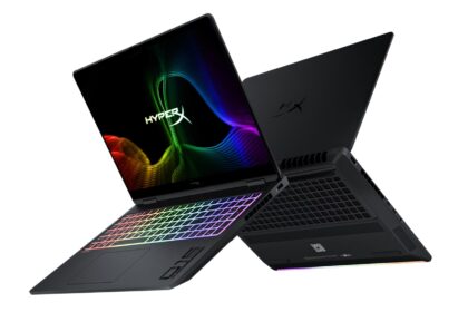 Open gaming laptop with rainbow RGB keyboard and HyperX branding, viewed from above (two-angle shot).