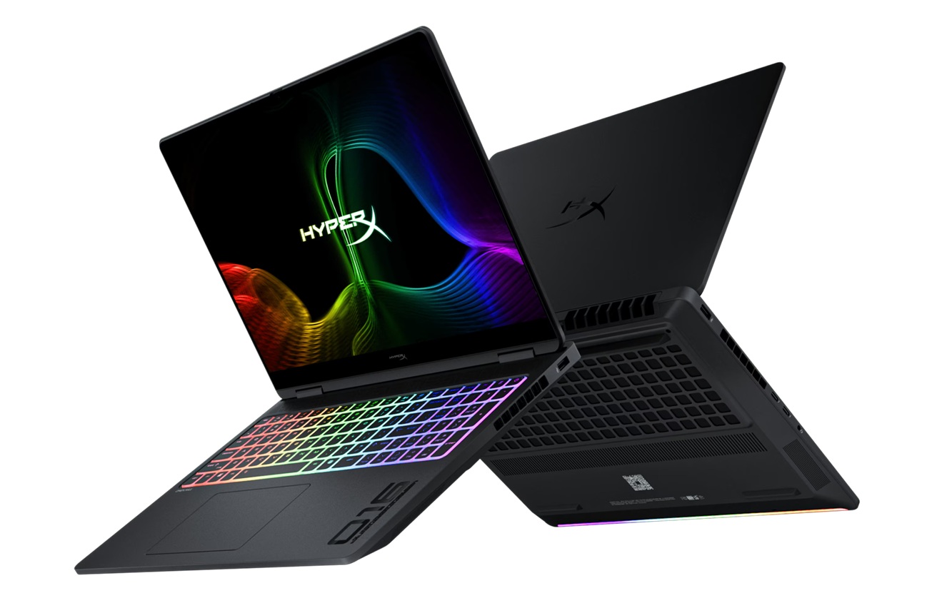 Open gaming laptop with rainbow RGB keyboard and HyperX branding, viewed from above (two-angle shot).