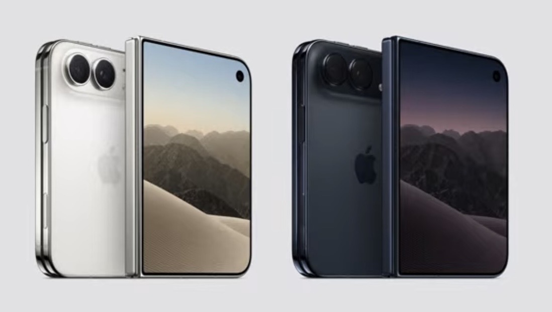 Two smartphones shown in light and dark colors, front screens display desert and mountain wallpaper, dual rear cameras visible on top-left (Apple-like design).