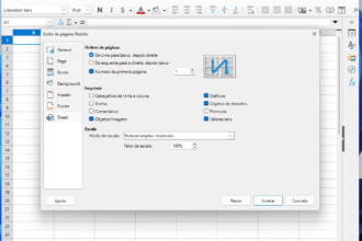 Screenshot of LibreOffice Calc with the Page Style dialog ('Estilo de página: Padrão') open, showing page order, print options and scale settings in Portuguese.