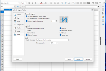 Screenshot of LibreOffice Calc with the Page Style dialog ('Estilo de página: Padrão') open, showing page order, print options and scale settings in Portuguese.