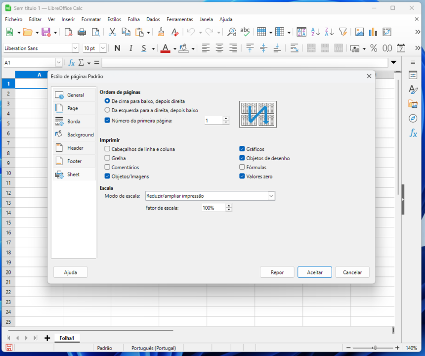 Screenshot of LibreOffice Calc with the Page Style dialog ('Estilo de página: Padrão') open, showing page order, print options and scale settings in Portuguese.