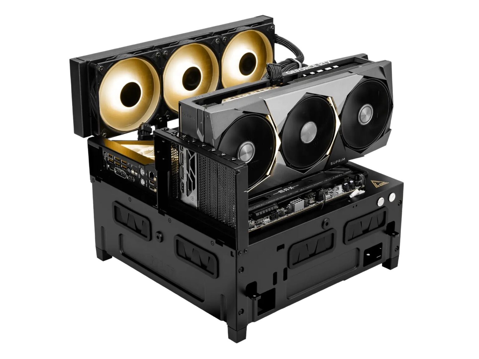 Open PC mining rig with multiple large GPUs installed and exposed motherboard.