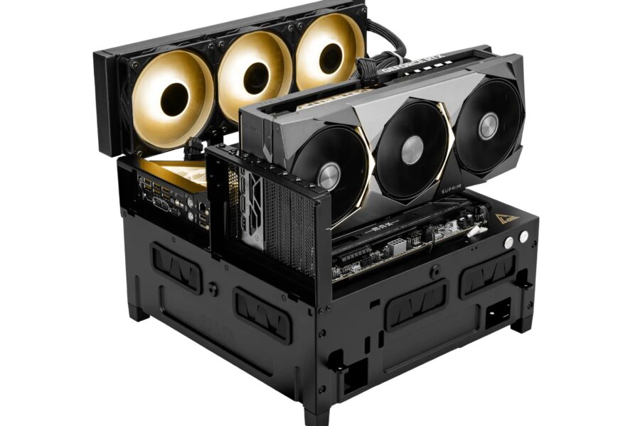 Open PC mining rig with multiple large GPUs installed and exposed motherboard.