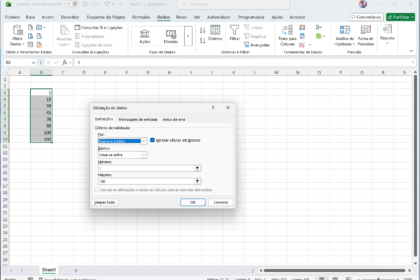 Planilha Excel com diálogo 'Validação de dados': define regra para números inteiros entre 1 e 100 na célula(s) selecionada(s).