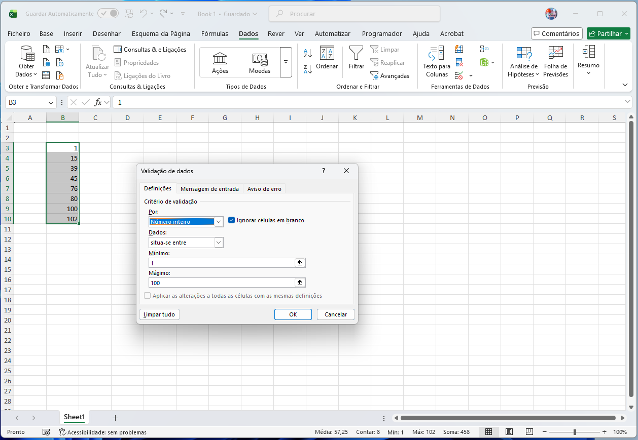 Planilha Excel com diálogo 'Validação de dados': define regra para números inteiros entre 1 e 100 na célula(s) selecionada(s).