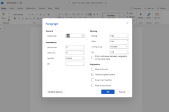 Microsoft Word Paragraph dialog active, showing alignment Left, Before 0 pt, After 8 pt, line spacing 1.16, Widow/Orphan control checked, with OK/Cancel.