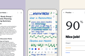 Triptych of mobile screens: left shows a STEM study notes page titled 'STEM Study Group / Academic Planning Meeting Summary'; middle displays handwritten chemistry notes on graph paper with blue and green ink; right shows a practice score of '90%' with 'Nice job!' text and a progress breakdown.