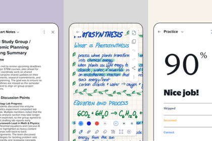 Triptych of mobile screens: left shows a STEM study notes page titled 'STEM Study Group / Academic Planning Meeting Summary'; middle displays handwritten chemistry notes on graph paper with blue and green ink; right shows a practice score of '90%' with 'Nice job!' text and a progress breakdown.