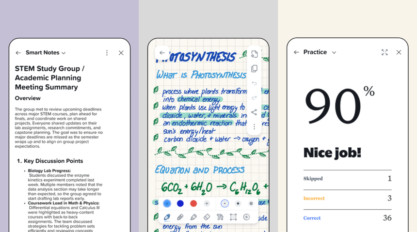 Triptych of mobile screens: left shows a STEM study notes page titled 'STEM Study Group / Academic Planning Meeting Summary'; middle displays handwritten chemistry notes on graph paper with blue and green ink; right shows a practice score of '90%' with 'Nice job!' text and a progress breakdown.