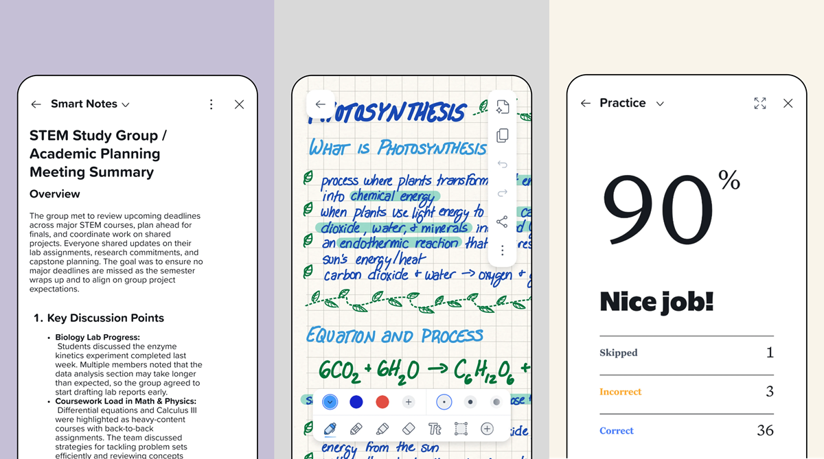 Triptych of mobile screens: left shows a STEM study notes page titled 'STEM Study Group / Academic Planning Meeting Summary'; middle displays handwritten chemistry notes on graph paper with blue and green ink; right shows a practice score of '90%' with 'Nice job!' text and a progress breakdown.