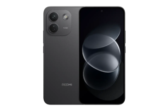 Black Redmi smartphone shown from front and back, featuring a triple-camera module on the top-left of the rear panel and a large edge-to-edge display on the front, 50MP label visible on the camera module.